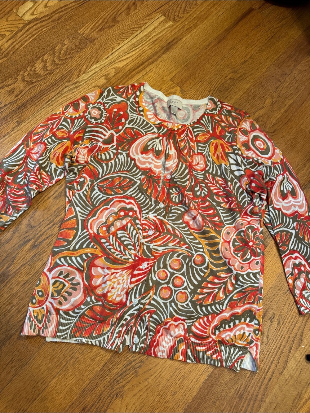 LOFT Multicolor Floral Long Sleeve Top - Red, Coral, Orange, Cream, Green
